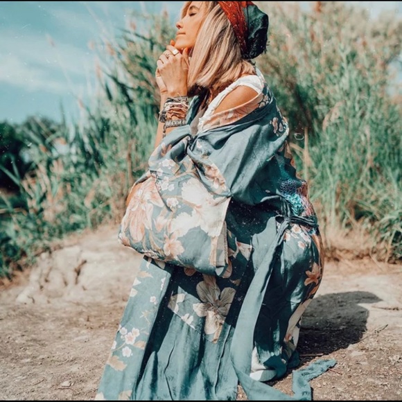 Tops - boho gypsy teal green Floral Kimono Cover up